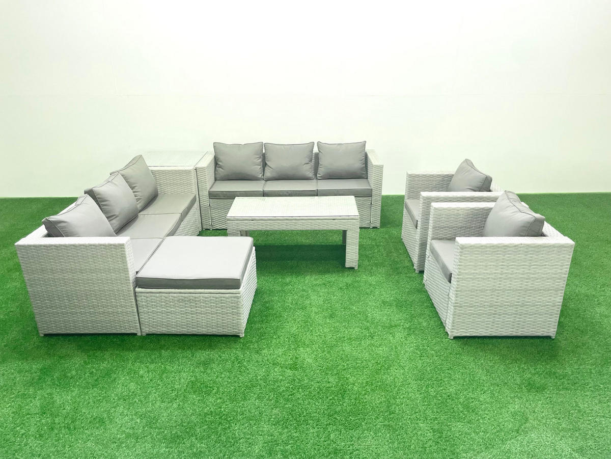 GARTENSOFA hohe Rückenlehne Polyrattan Hellgrau-Mix 9-Sitzer - Hellgrau/Grau, Glas/Kunststoff - Fimous