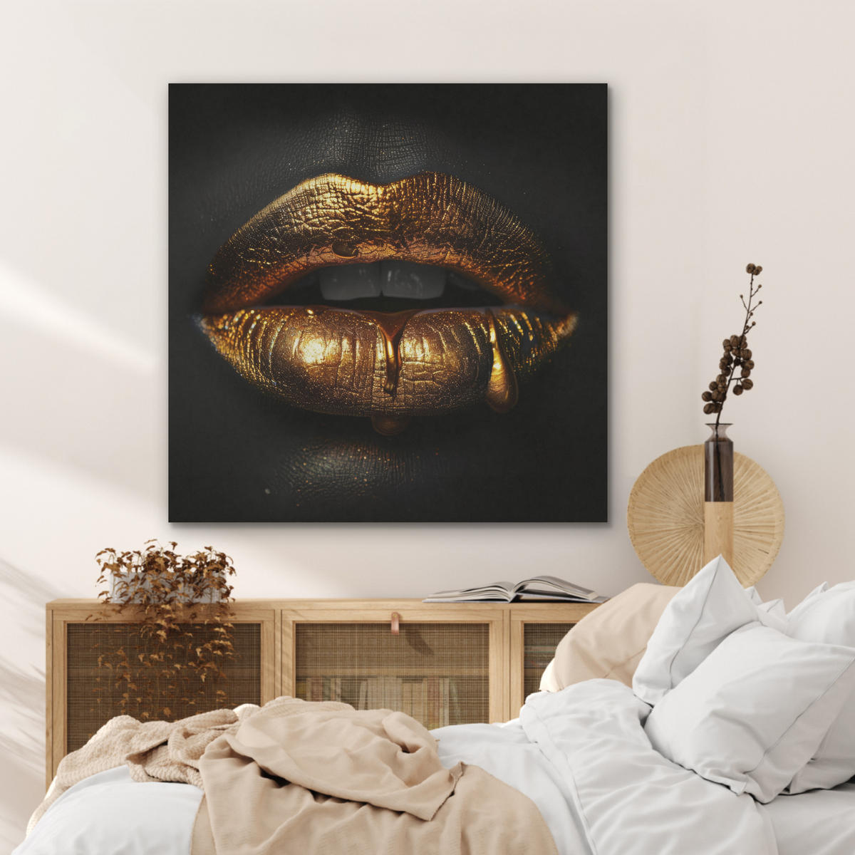 AKUSTIKPANEEL Frau - Porträt - Lippen - Gold - Schwarz 90x90 cm - Schwarz, Textil (90/0.9/90cm) - MuchoWow