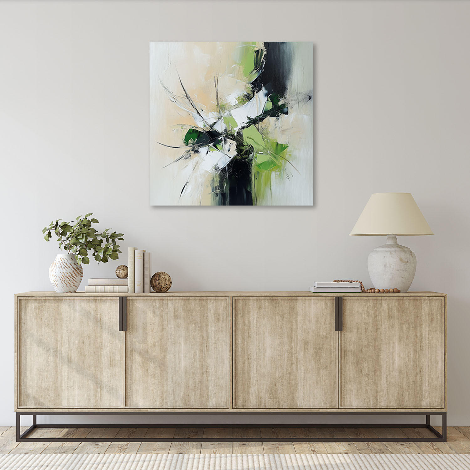 LEINWANDBILD Abstrakte grün-beige-schwarz 60x60cm - Grün, Textil (60/60cm) - Feeby