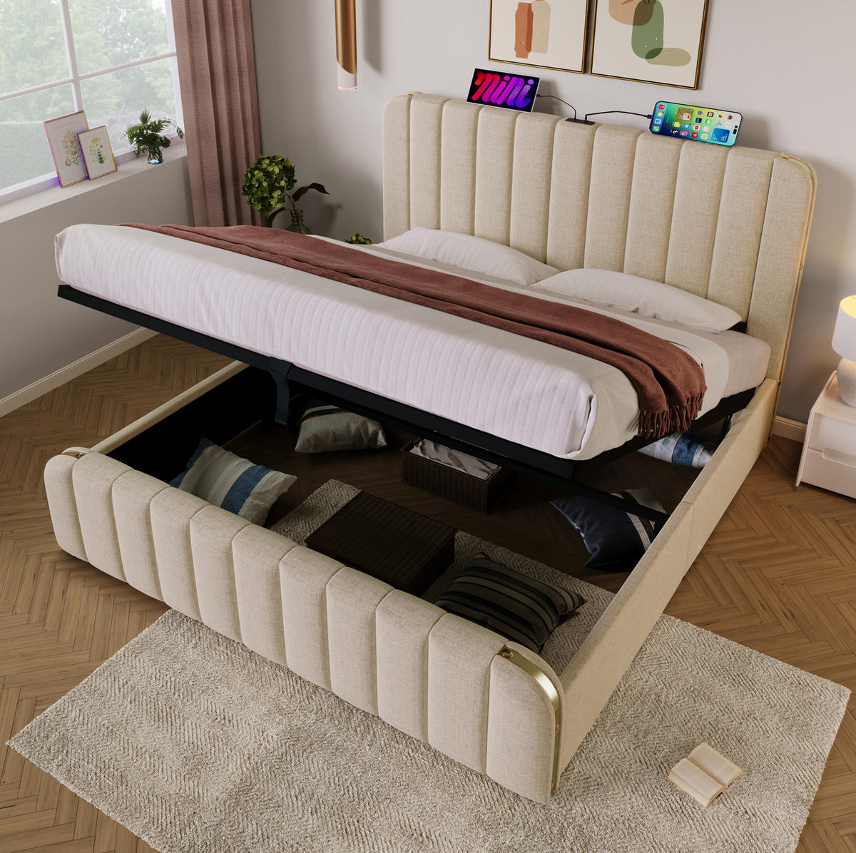 POLSTERBETT 180/200 cm Beige aus Leinenstoff mit Stauraum - Beige, Textil (180/200cm) - OKMYHOME