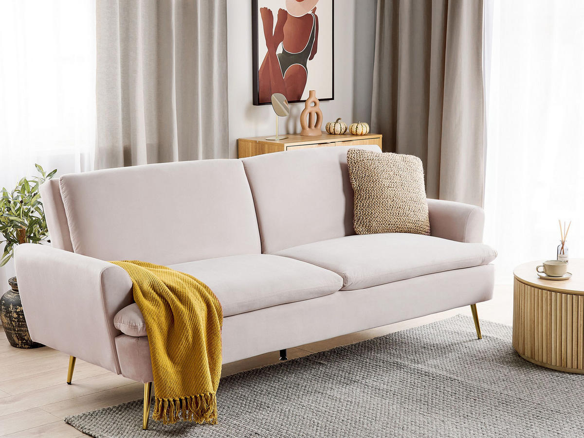 3-SITZER-SCHLAFSOFA Samtstoff Beige Vettre - Beige/Goldfarben, Textil (210/88/84cm) - Beliani