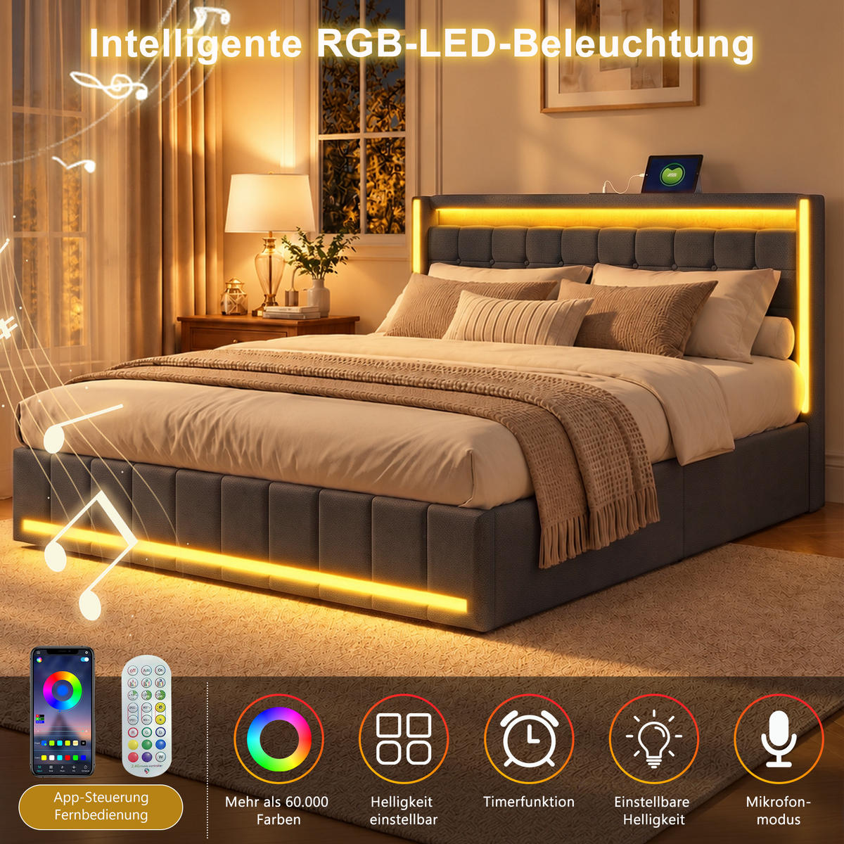 POLSTERBETT，BETT 160/200 cm Dunkelgrau,Mit 4 Schubladen, LED und Ladefunktion - Naturfarben/Grau, Holz/Textil (160/200cm) - FURNISHINGS HOME