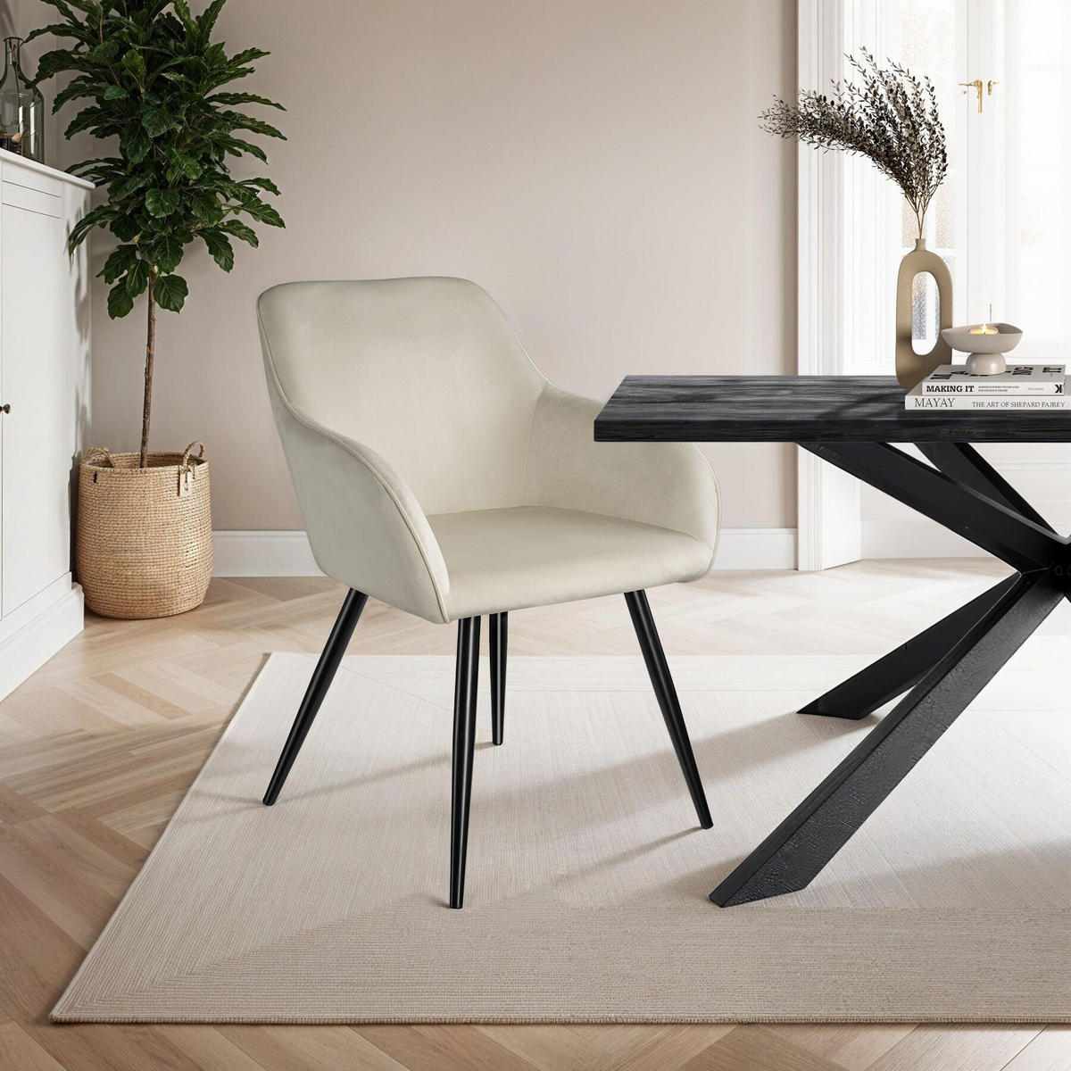 ESSZIMMERSTUHL 8er Set Marilyn 58 x 62 x 82 cm creme/schwarz - Creme/Schwarz, Textil (58/82/62cm) - tectake