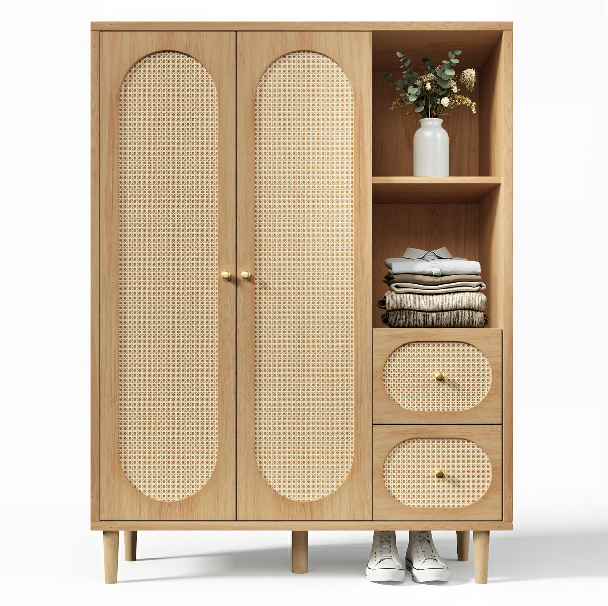 Modfu ŠATNÍ skříň z MDF a masivního dřeva 120x161x44 cm dubová se 2 zásuvkami, otevřenými policemi a šatní tyčí