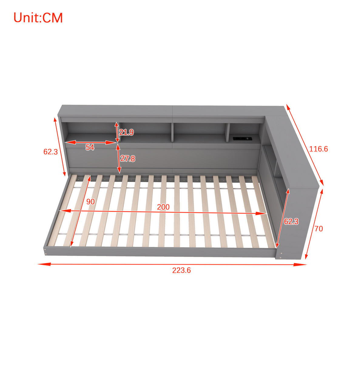 MULTIFUNKTIONSBETT 90/200 cm grau mit Steckdose und 2 USB-Anschlüssen - Grau, Holzwerkstoff (90/200cm) - OKWISH
