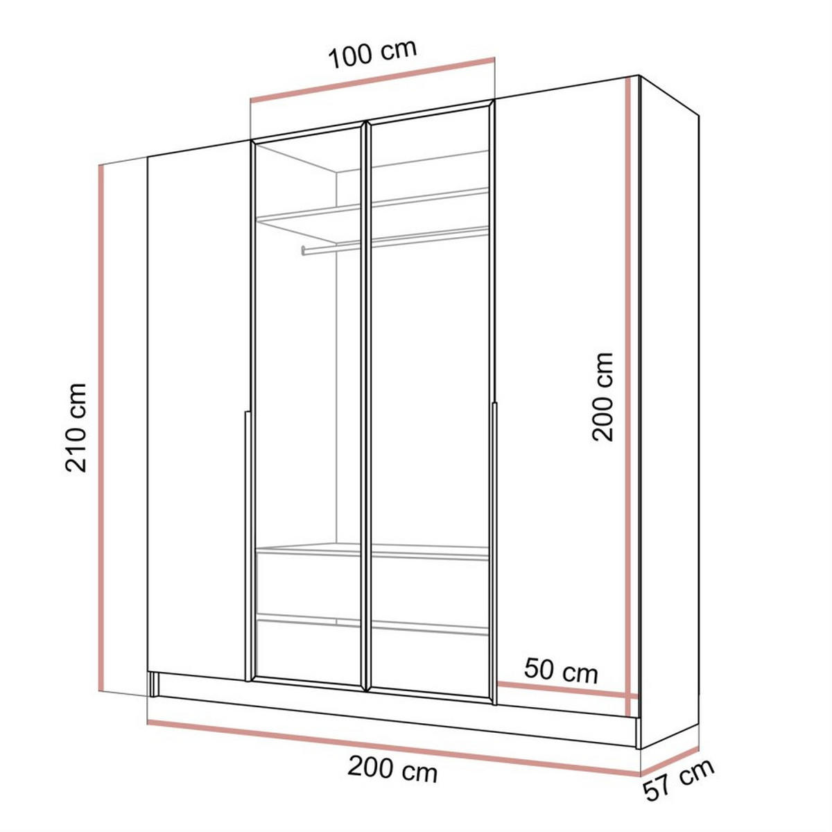 KLEIDERSCHRANK ATRIUM mit Glasfront - Kaschmir, Holzwerkstoff (200/210/57cm) - Lookway