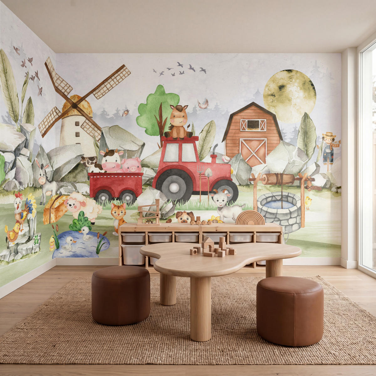 KINDERTAPETE - Bauernhof - Traktor - Kinder - Tiere - 500x260 cm - Weiß, Papier (500/260cm) - OnlyWow