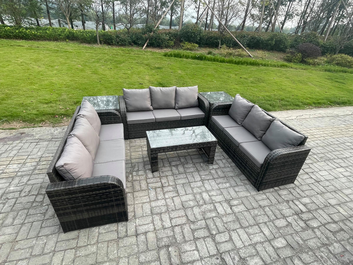 GARTENSOFA SET mit rechteckigem COUCHTISCH Polyrattan 9-Sitzer Dunkelgrau - Dunkelgrau/Grau, Glas/Kunststoff - Fimous