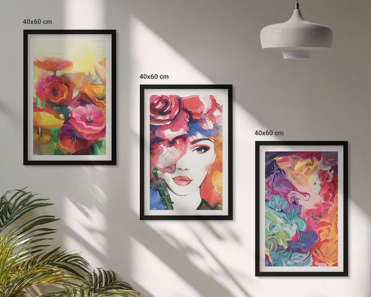 BILDER SET 3er Set - 40x60 cm Schwarzer Rahmen - Intensives Blumenporträt einer Frau - Schwarz, Kunststoff (40/60cm) - TULUP