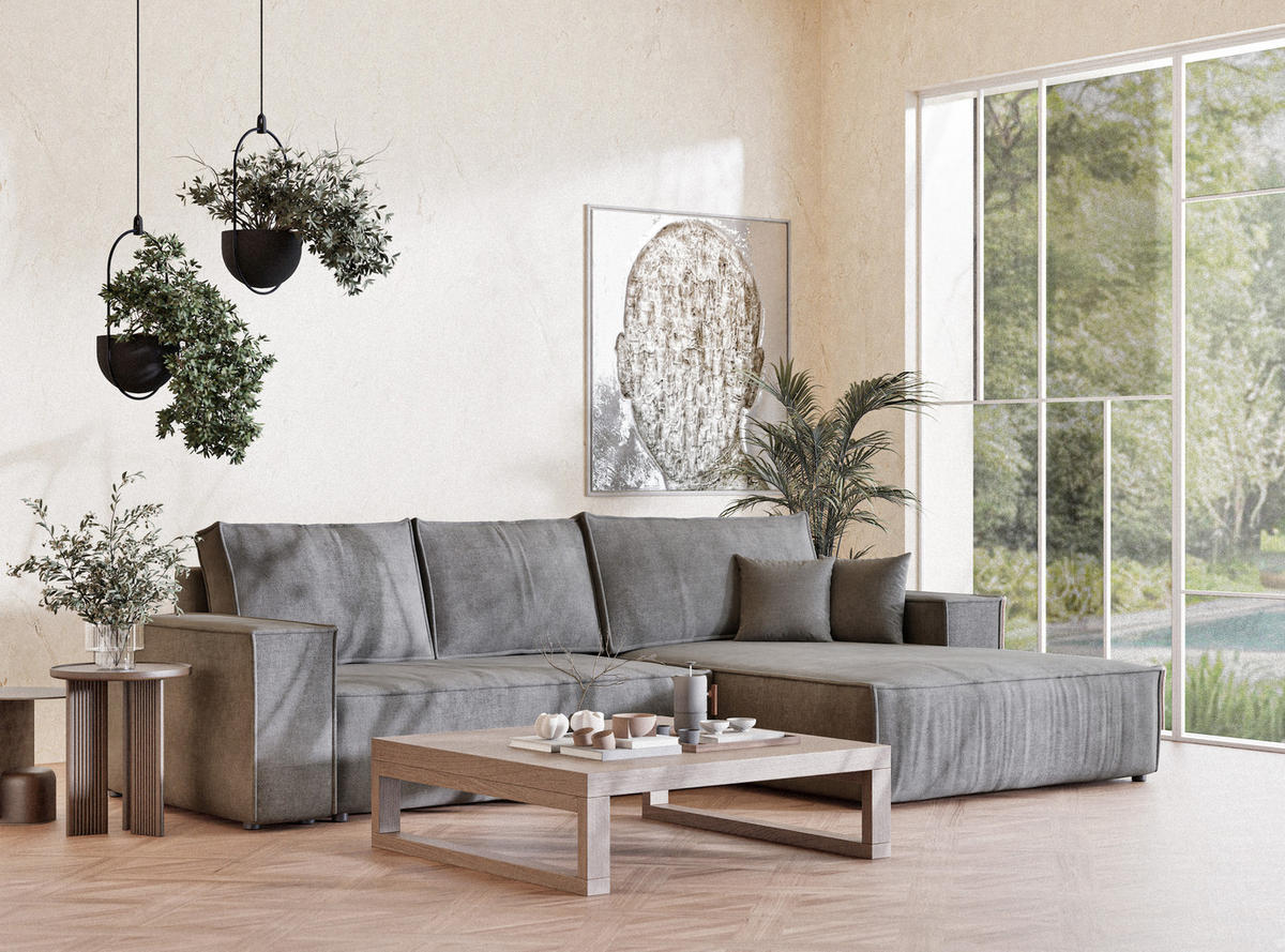 ECKSOFA Maze Grau Chenille-Stoff - Rechts Seite - Schwarz/Grau, Holz/Holzwerkstoff (294/185cm) - Maison de Reve