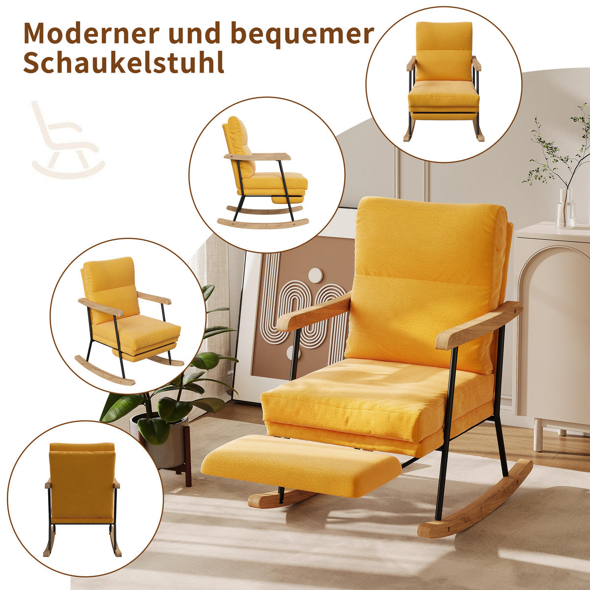 SCHAUKELSTUHL gepolstert ausziehbare Fußstütze gelb - Gelb, Holz (97.5/94/64.5cm) - LEBENLANG