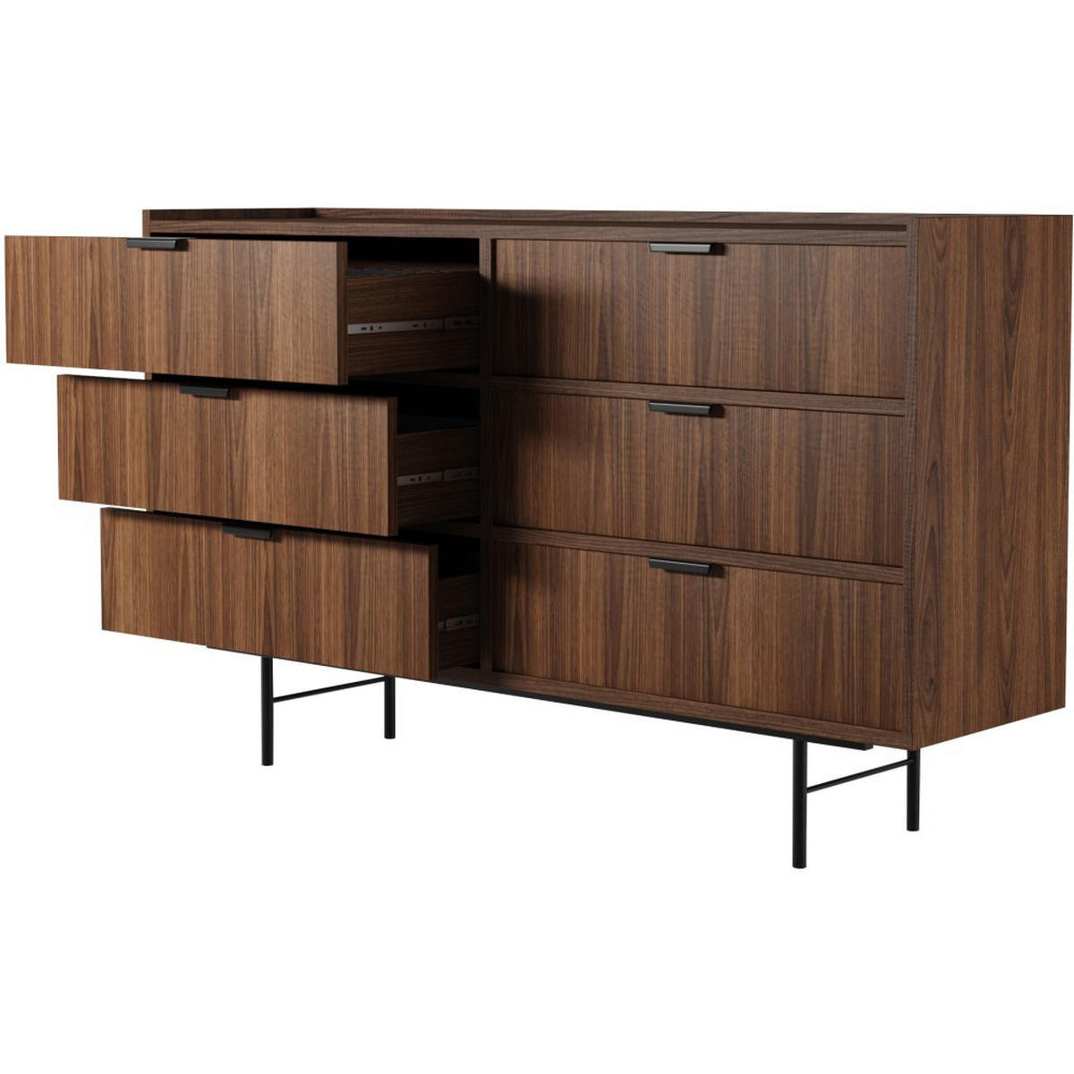 KOMMODE Evron mit 6 Schubladen, Walnuss - Walnussfarben/Schwarz, Holzwerkstoff/Metall (150/90/40cm) - Beautysofa