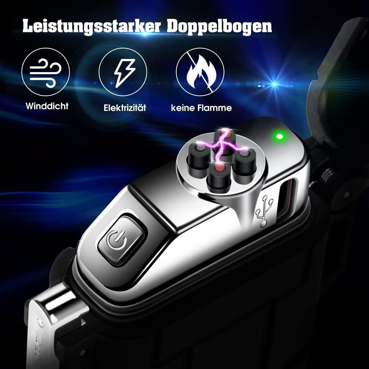FEUERZEUG Elektrisch Wasserdicht Winddicht USB Wiederaufladbar Plasma mit Notfall-Pfeife Schwarz - Schwarz, Metall (4.7/1.8/7cm)