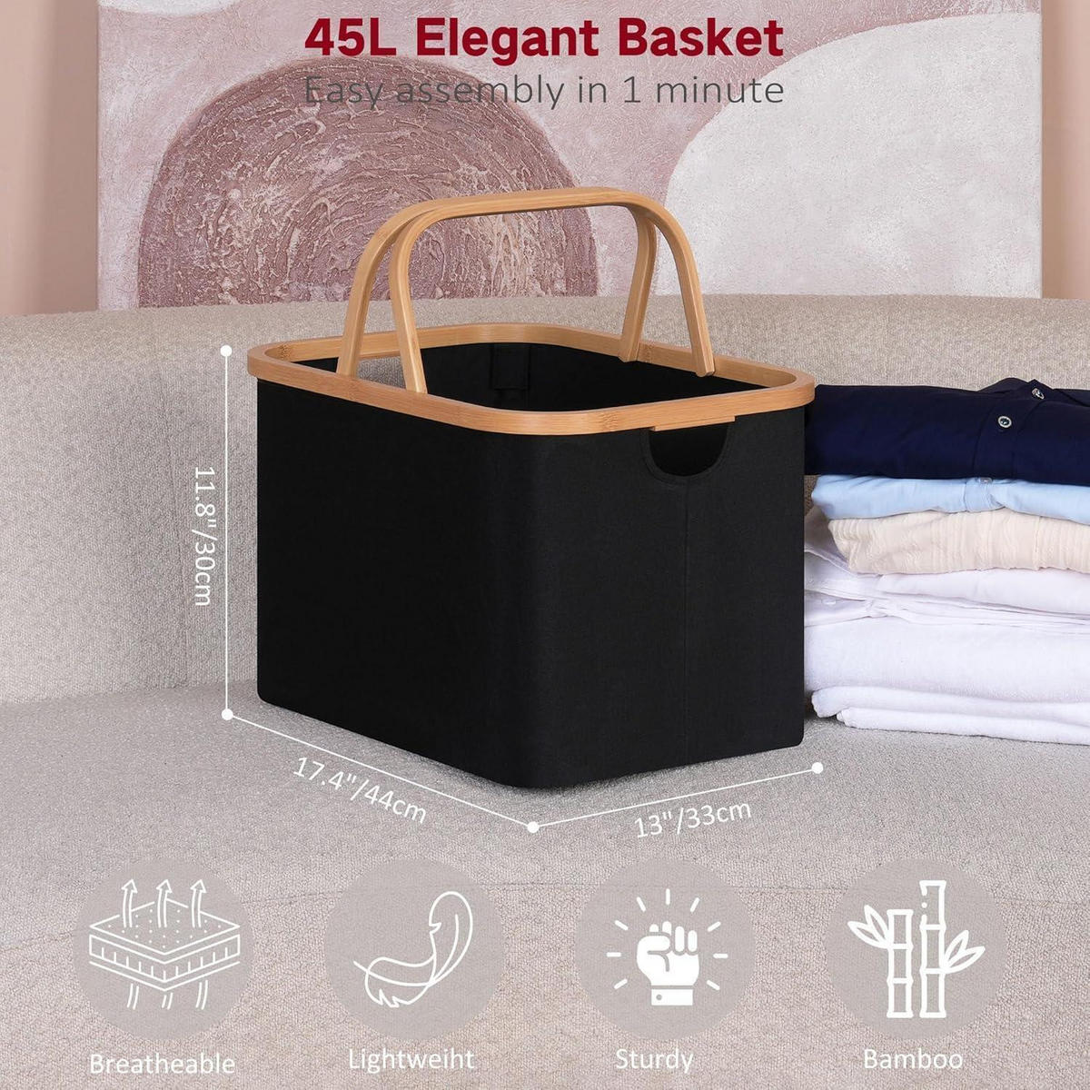 WÄSCHEKORB faltbar Bambus Stoff Schwarz 43L - Schwarz, Naturmaterialien (33/30/44cm)