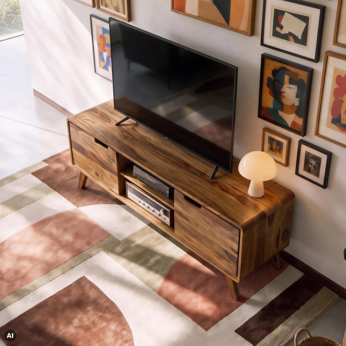 TV-BOARD Sheesham 134x40x48 natur sandgestrahlt lackiert MALMÖ 2 #219 - Naturfarben, Holz (40/48/134cm) - Massivmoebel24