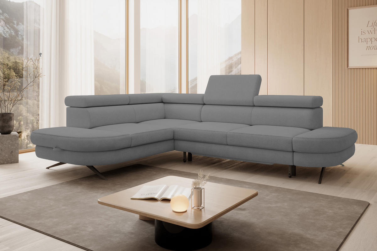 ECKSOFA OTIS L-förm, Schlaffunktion, verstellbare Kopfstützen, in AURORA-Stoff, lose Rückenkissen, freistehend, LINKS 218x276x97 cm Grey - Grau, Holz/Textil (218/276cm) - DomoHome
