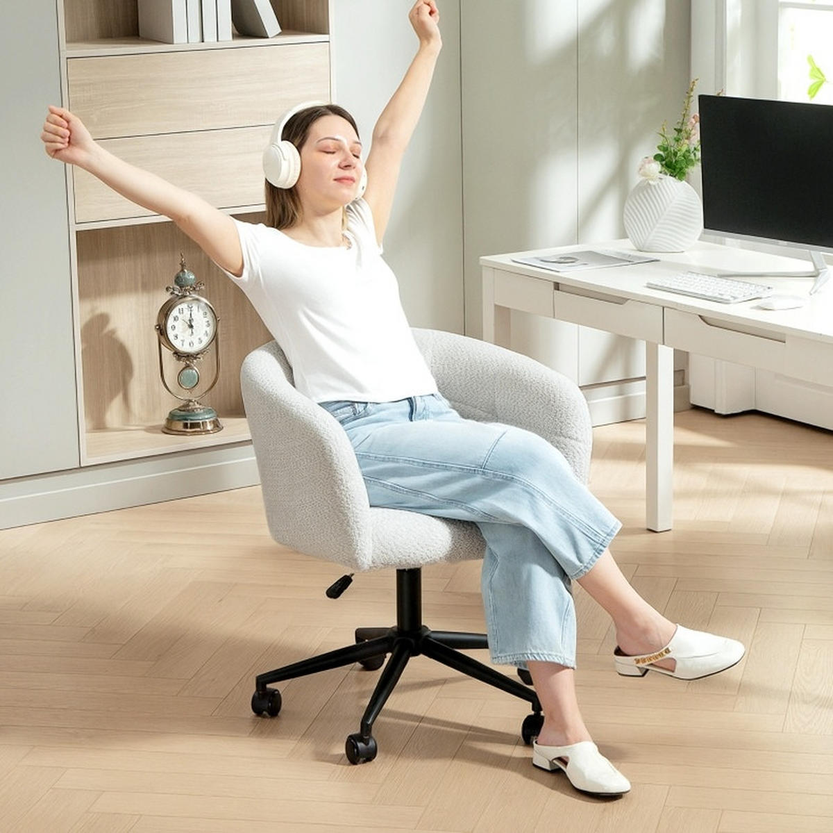 DREHSTUHL 65/59/75-85 cm cremeweiß aus Polyester höhenverstellbar - Creme, Kunststoff (59/85/65cm) - OKWISH