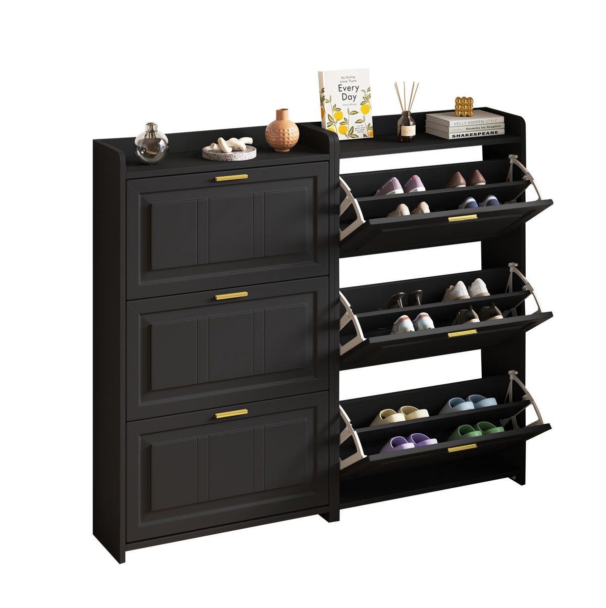 SCHUHSCHRANK mit 3 Klappen 70/24/120 cm im 2er-Set, schwarz - Schwarz, Holzwerkstoff (140/120/24cm) - BEAOK