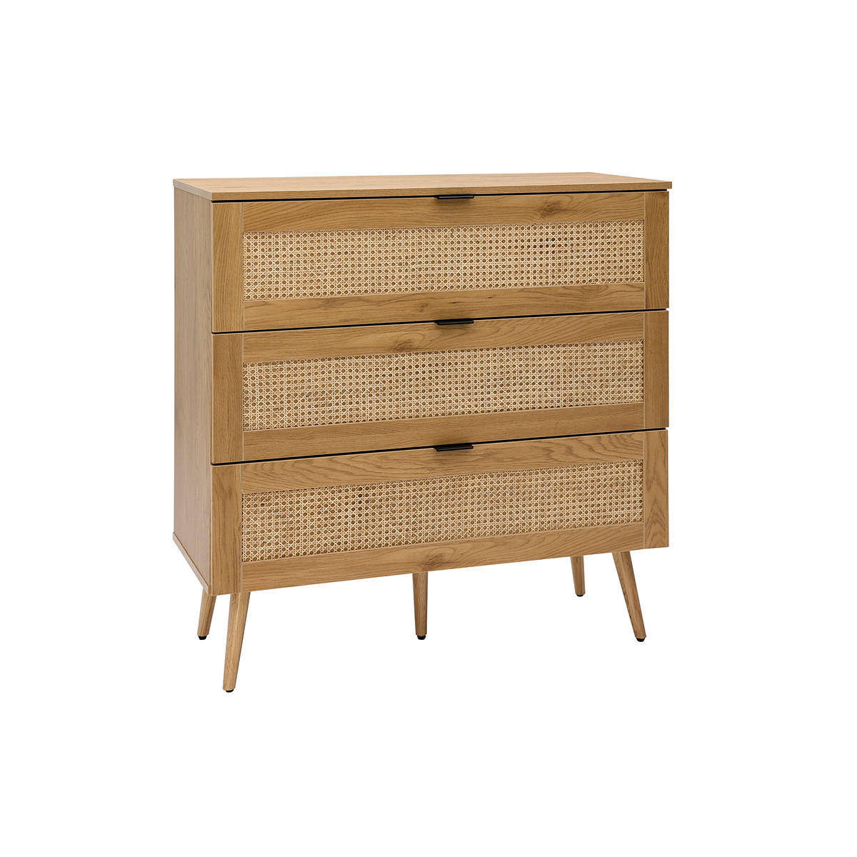 KOMMODE Helles Holz Rattangeflecht Schwarzes Metall 3 Schubladen L100 cm MANILLE - Eiche Bianco, Holz (42/101/100cm) - Miliboo