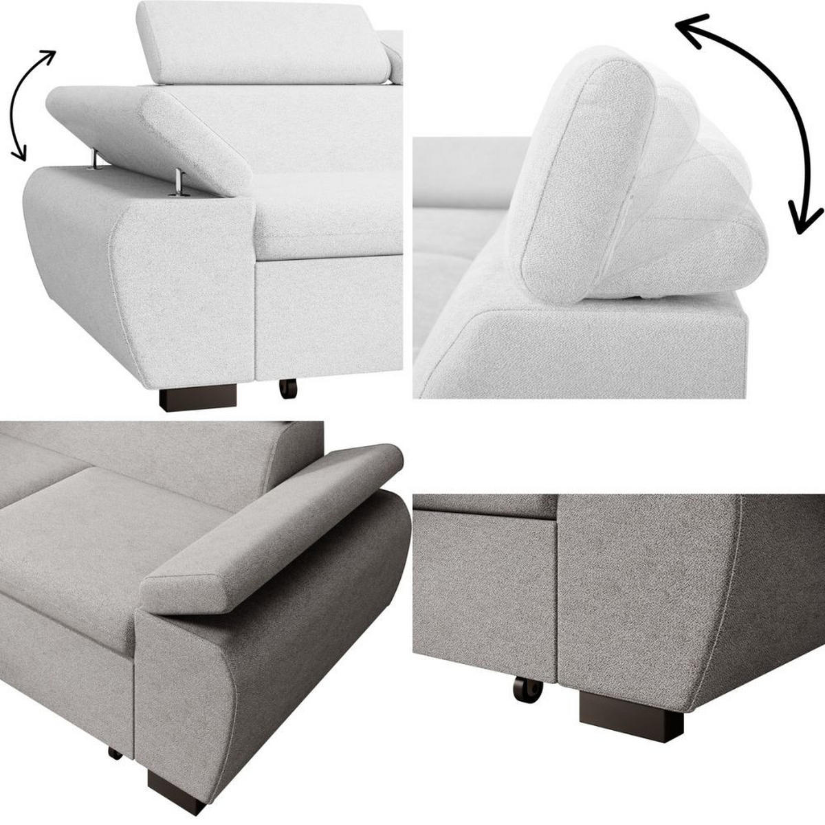 ECKSCHLAFSOFA Coco mit verstellbare Kopfstützen, hellgrau, links - Hellgrau, Textil (273/191cm) - Beautysofa