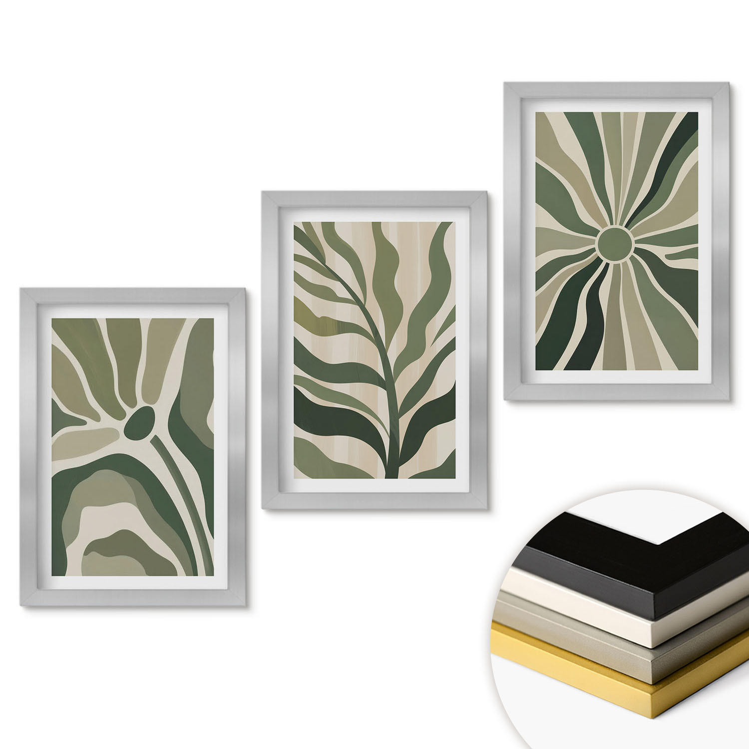 WANDBILDER 3er Set - 20x30 cm Silberner Rahmen - Grüne und beige Pflanzenmuster - Silberfarben, Kunststoff (20/30cm) - ArtPrintCave