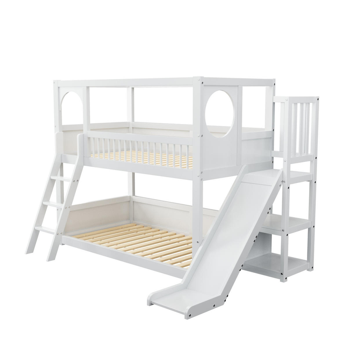 ETAGENBETT 90/200 cm aus Kiefer mit Rutsche und Regalen in Weiß - Weiß, Holzwerkstoff (90/200cm) - BEAOK