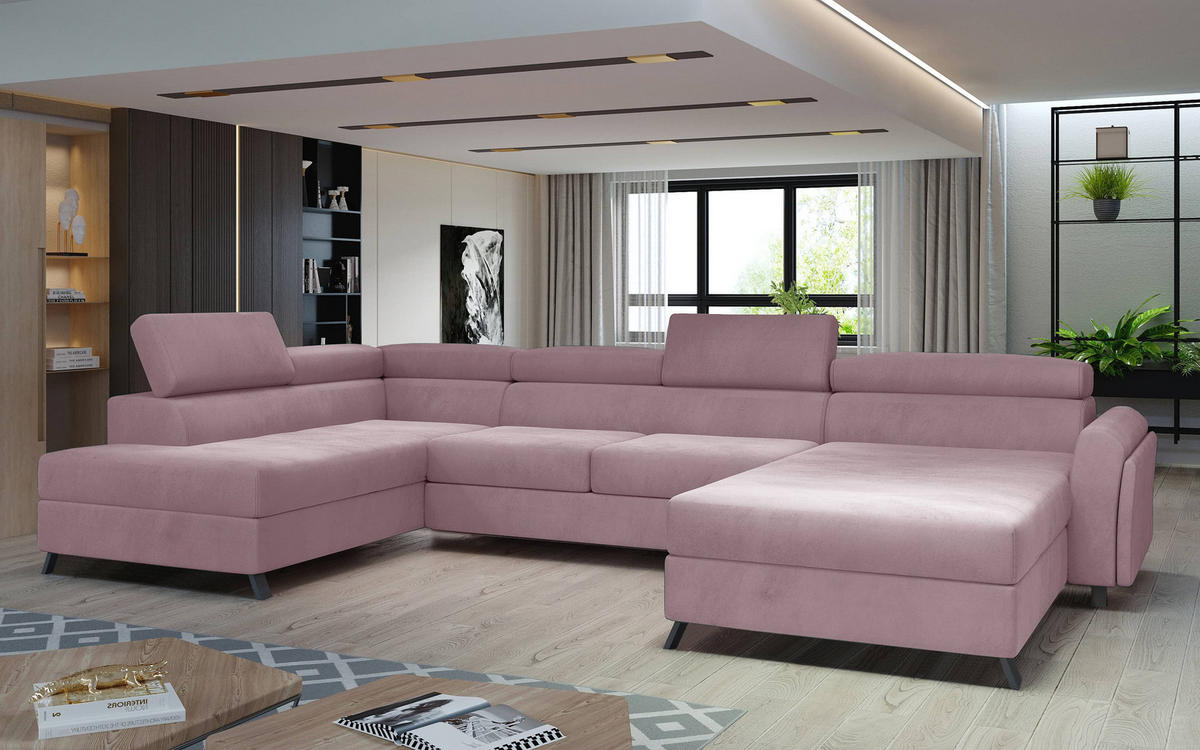 WOHNLANDSCHAFT mit Schlaffunktion und Bettkasten - Schwarz/Rosa, Textil/Metall (370/98/200cm) - Eltap