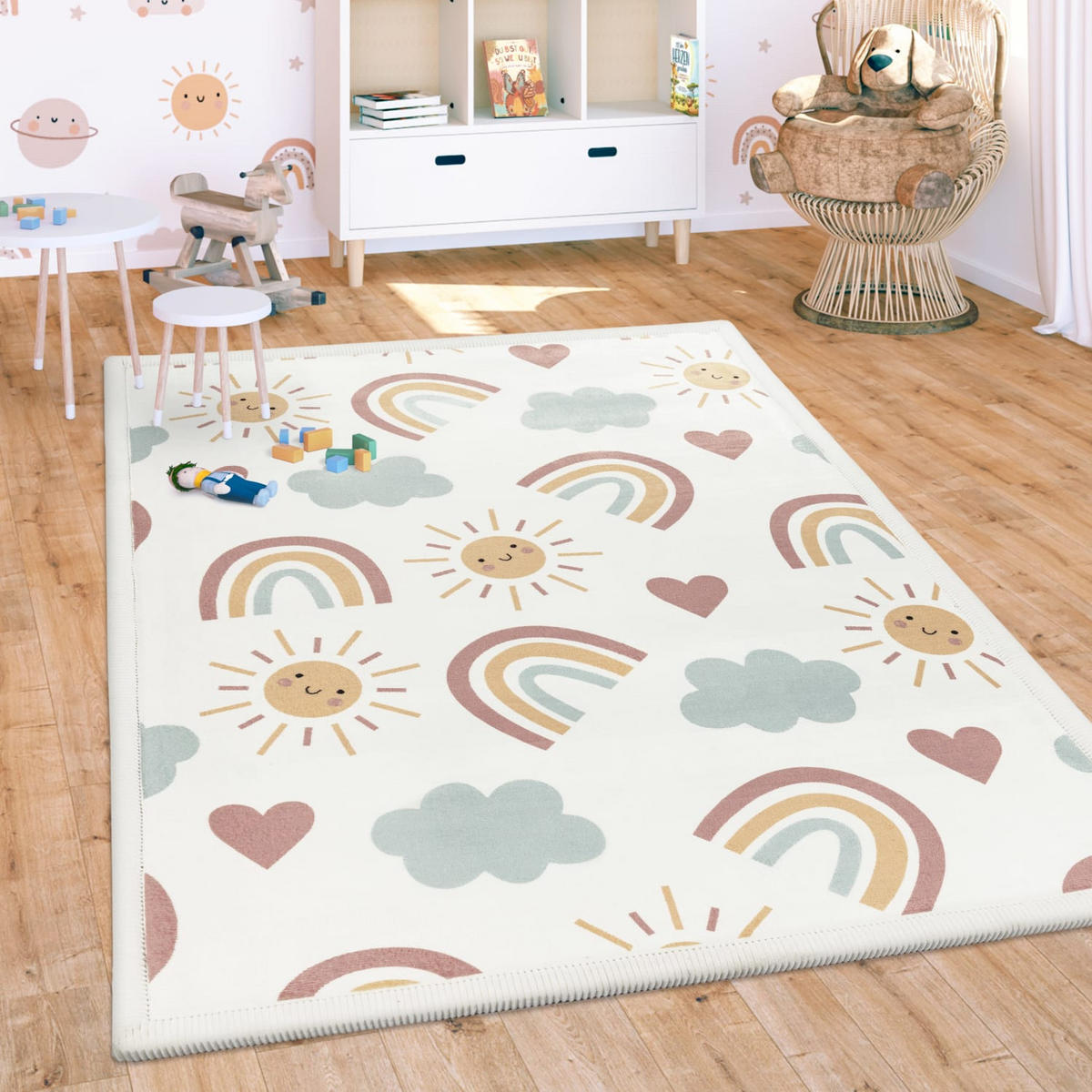 KINDERTEPPICH waschmaschinenwaschbar Regenbogen Sonne Wolken Kinderzimmer schmutzabweisend Mehrfarbig Rechteckig 160x220 - Multicolor, Textil (160/220cm) - KADIMA DESIGN
