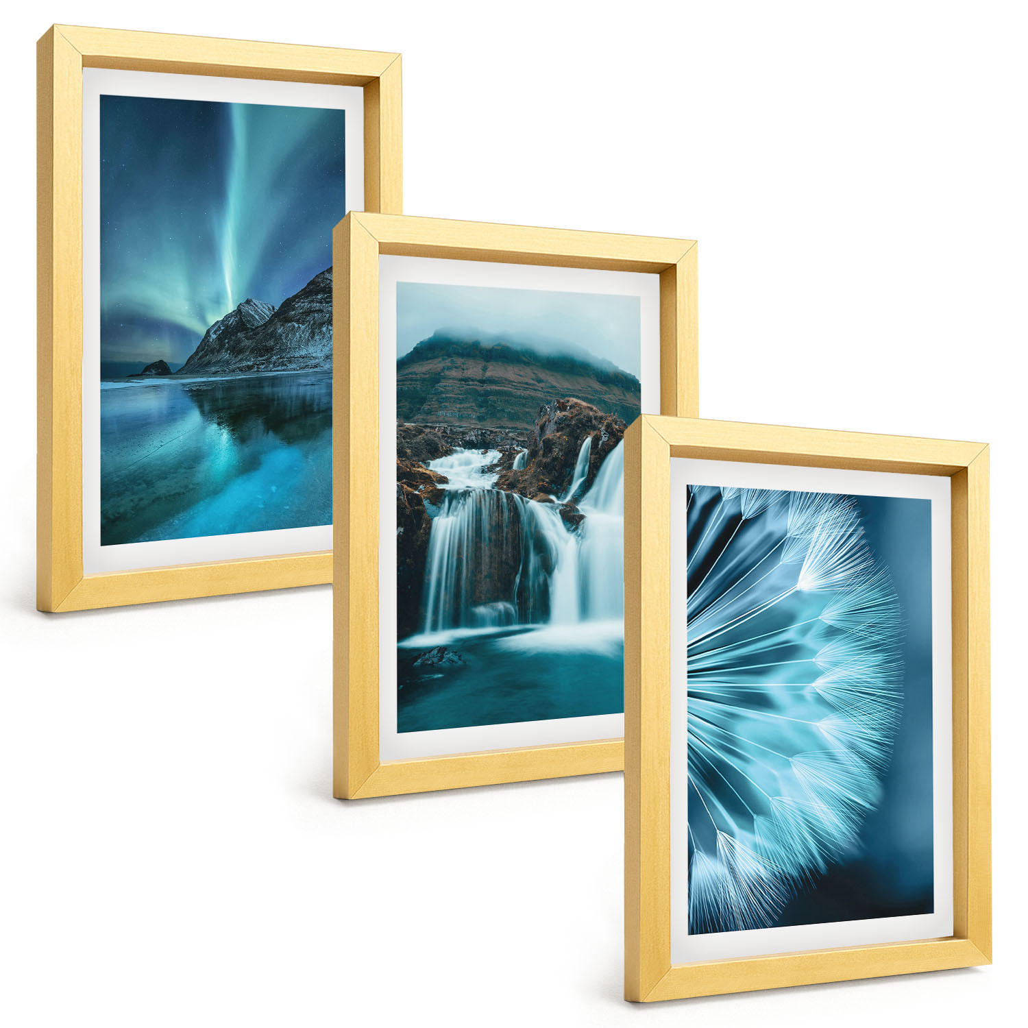BILDER SET 3er Set - 20x30 cm Goldrahmen - Winterlandschaften mit Wasserfällen - Goldfarben, Kunststoff (20/30cm) - TULUP