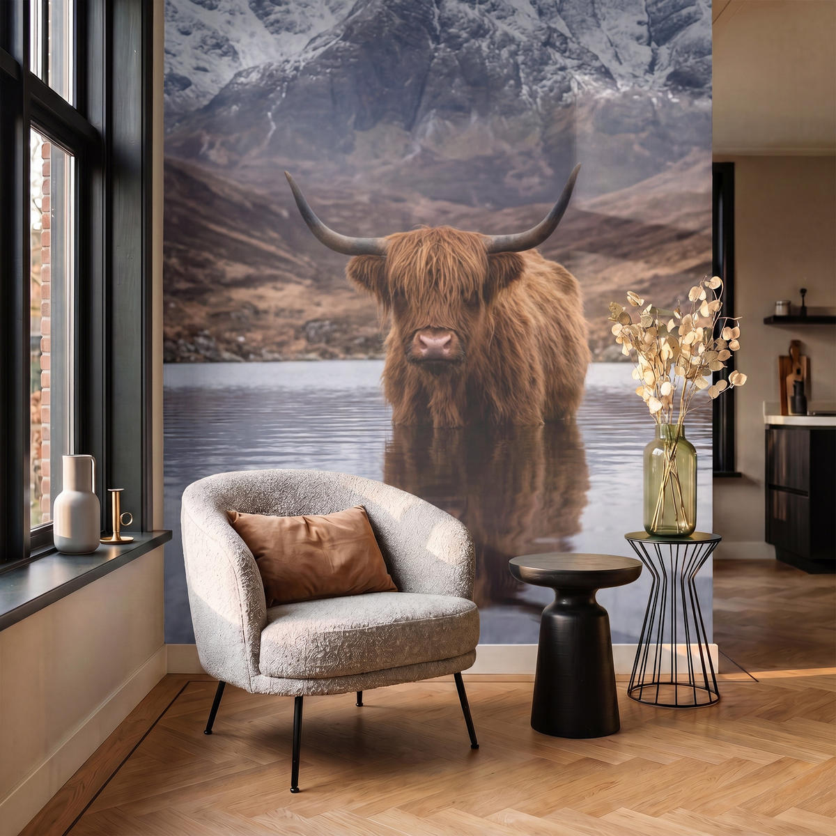 TAPETE - Schottischer Hochländer - Braun - Wasser - 180x220 cm - Braun, Papier (180/220cm) - OnlyWow
