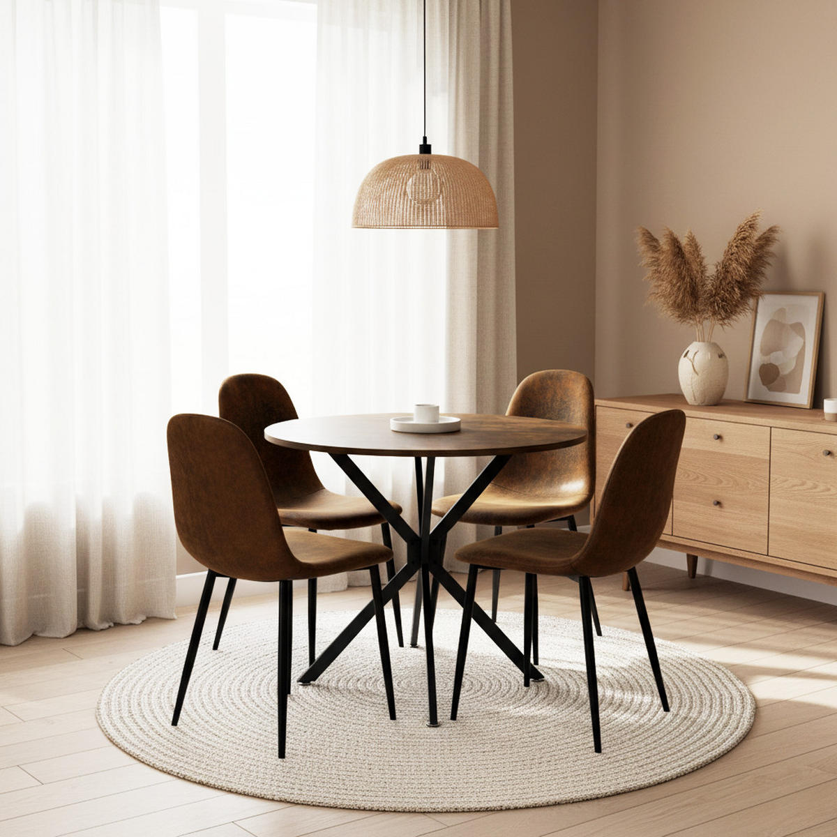 TISCHGRUPPE 5-teilig Runder Esstisch Ø 90 cm in Holzoptik & 4 Stühle Vintage-Braun - Dunkelbraun/Schwarz, Holzwerkstoff/Textil (90/78/90cm) - Urban Meuble