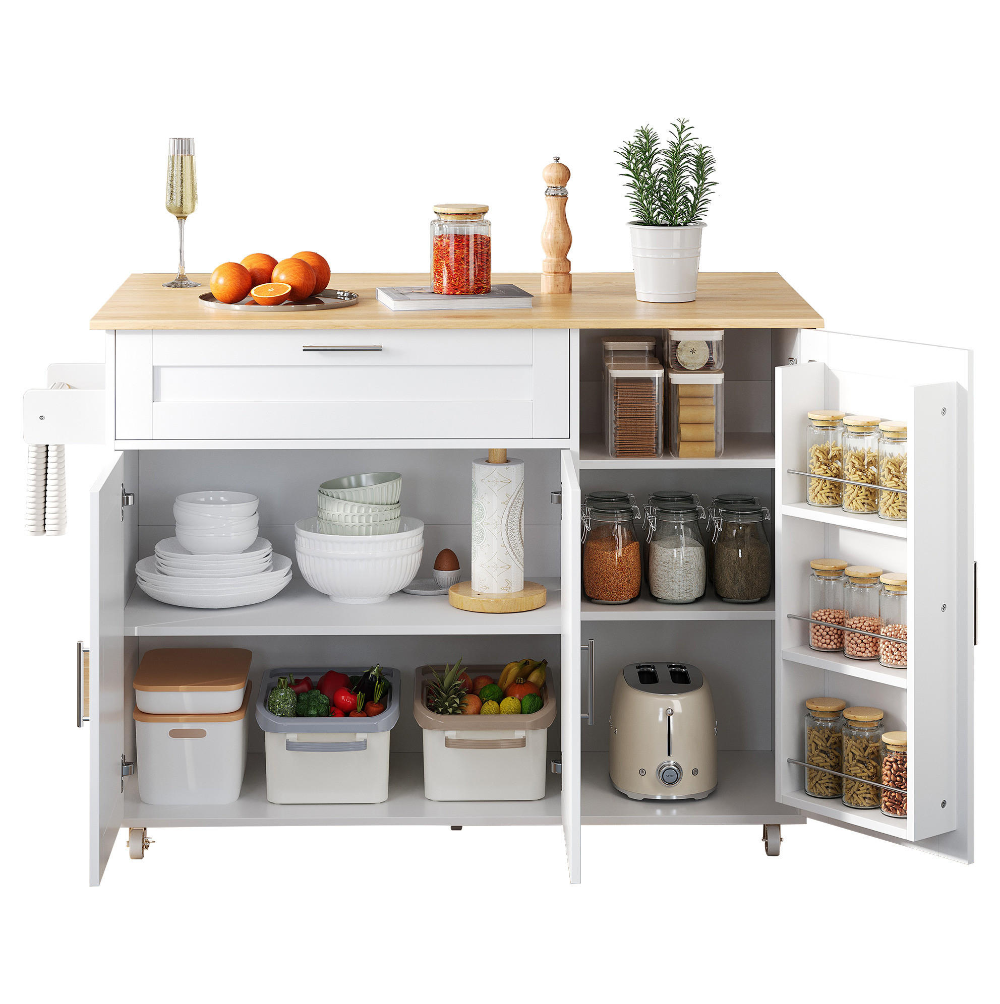 KÜCHENWAGEN 132,5/44(70)/90 cm in Weiß/Eicheoptik mit klappbarer Arbeitsplatte - Weiß, Holzwerkstoff (132.5/90/70cm) - Flora Grace