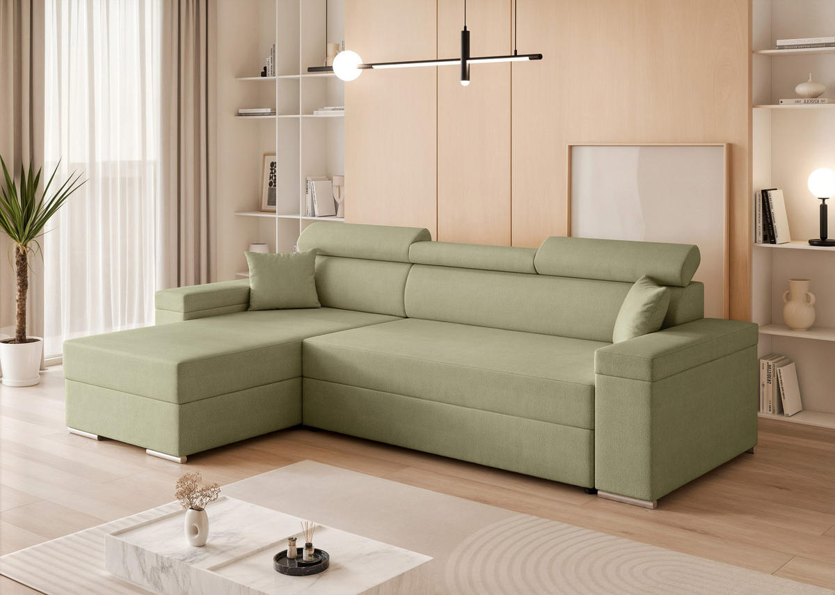 ECKSOFA AISHA mit Schlaffunktion und Bettkasten Grün - Grün, Holzwerkstoff/Kunststoff (250/90cm) - Idohome