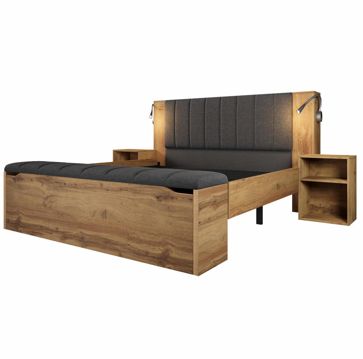 BETT 160/200 cm in Eiche mit Nachttischen, Bettbank und USB-Leselampen - Eichefarben, Holzwerkstoff (160/200cm) - Flora Grace