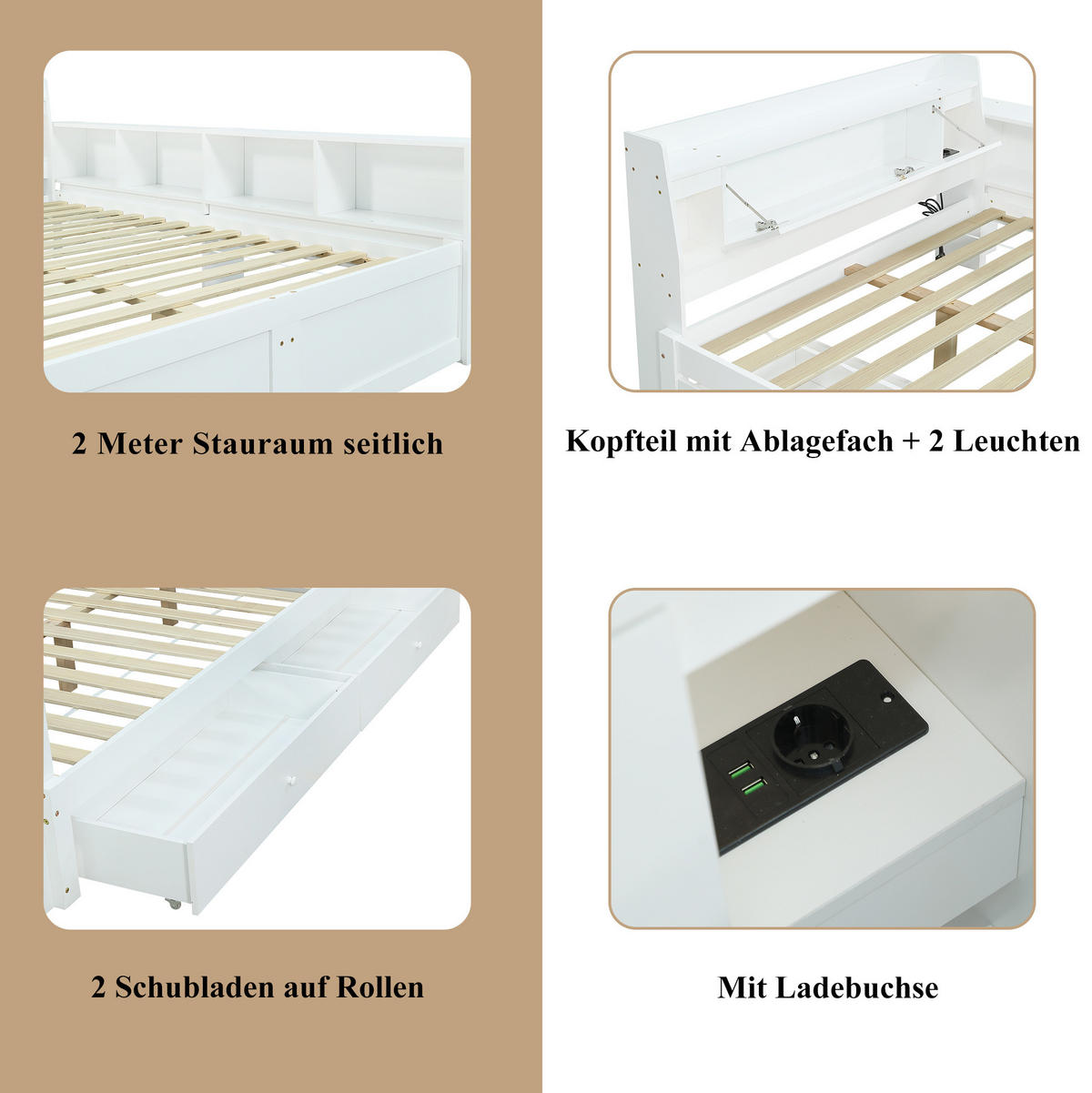 BETT 140/200 cm Weiß aus Kiefer, Spanplatte und MDF mit Stauraum und Ladebuchse - Weiß, Holz (140/200cm) - OKMYHOME