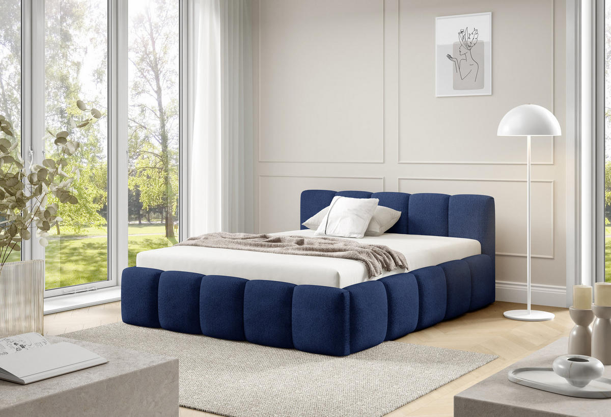 POLSTERBETT QUATTRO, 180x200 cm, Doppelbett mit Bettkasten, Boucle Stoff, Frabe: Blau - Blau, Holz/Kunststoff (180/200cm)