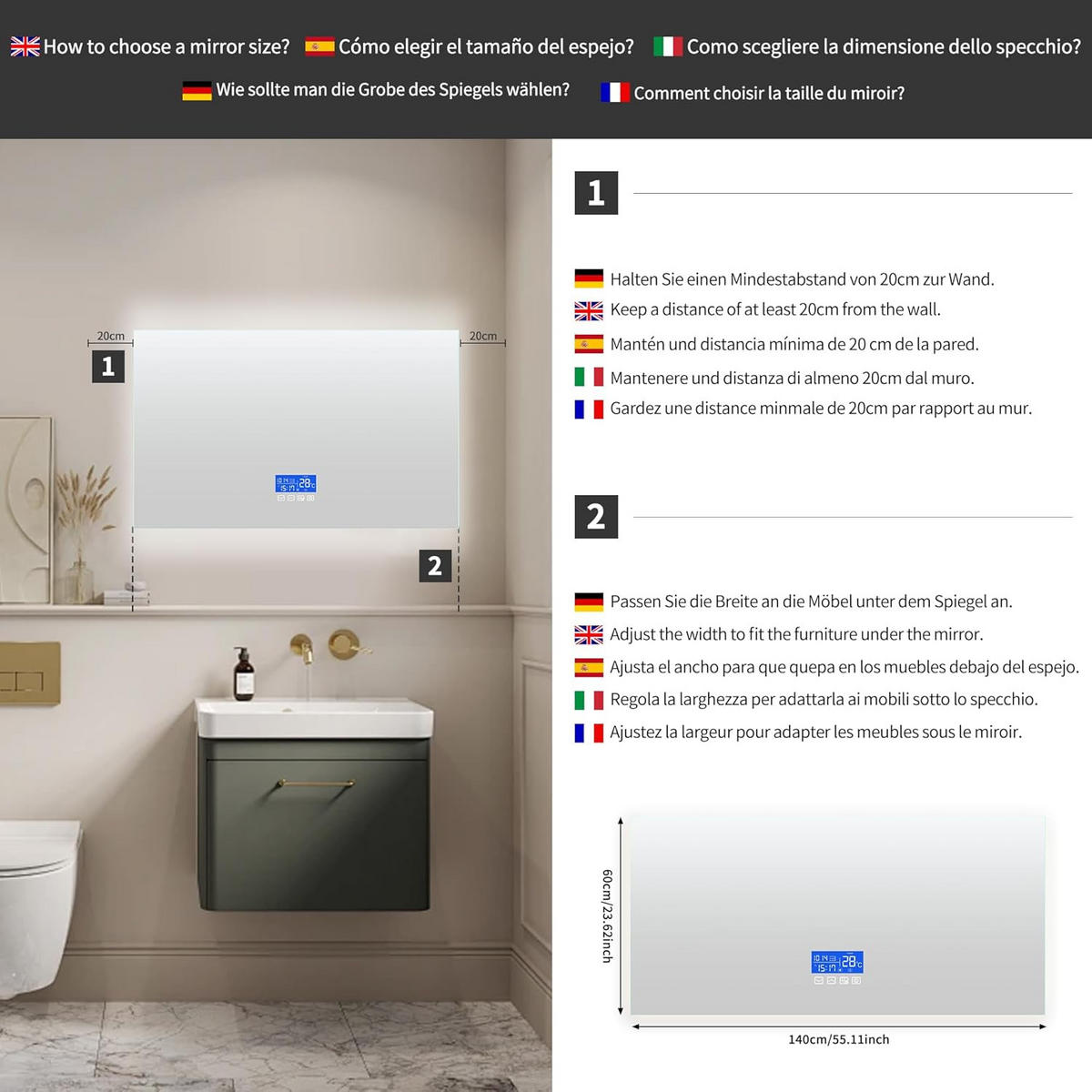 BADEZIMMERSPIEGEL mit LED, Rechteck 80 x 120 cm, Anti-Beschlag, Temperaturanzeige und 3 Anpassbare Helligkeit - Transparent, Glas (120/4/80cm)