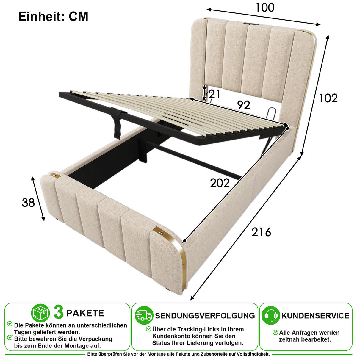 POLSTERBETT 90/200 cm in Beige Leinen mit Bettkasten, USB und Matratze - Beige, Holzwerkstoff/Textil (90/200cm) - CHICFURN