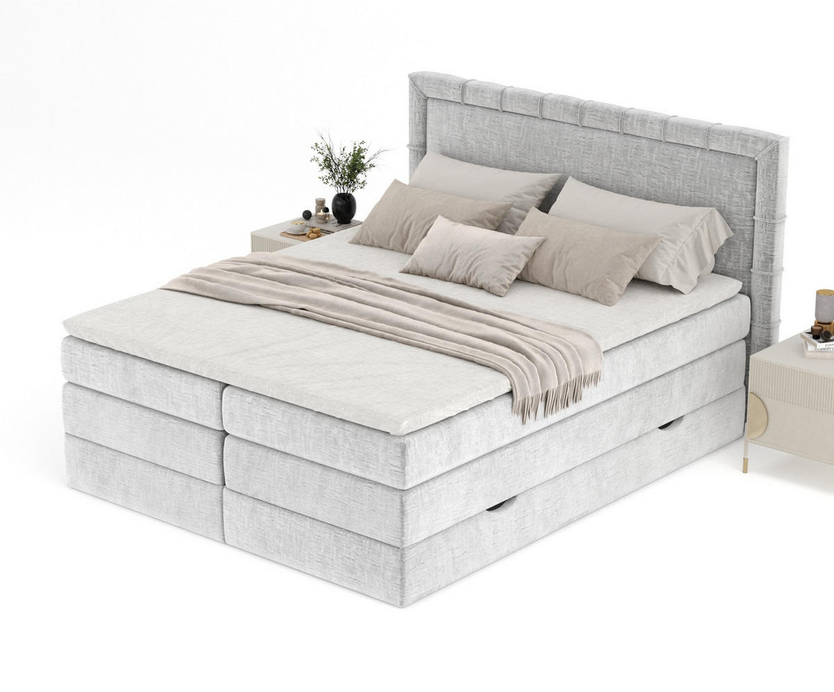 BOXSPRINGBETT Rosabel Hellgrau 200/200 cm mit Matratze und Topper - Hellgrau/Schwarz, Holz/Holzwerkstoff (200/200cm) - Maison de Reve