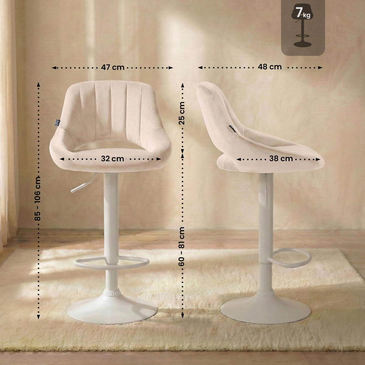 BARHOCKER Samt Creme - Creme/Weiß, Textil/Metall (47/85/48cm) - CLP