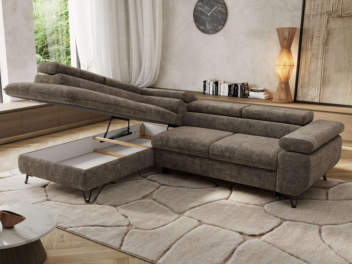 ECKSOFA PABLO L Braun Schenille grob gewebt - Links Seite - Schwarz/Braun, Textil/Metall (208/273cm) - MKS