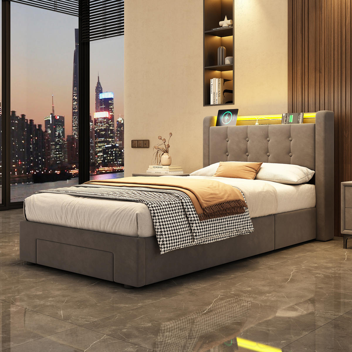 POLSTERBETT 90/190 cm Grau mit LED-Lichtleiste und USB-Anschlüssen - Grau, Holzwerkstoff (90/190cm) - OKWISH