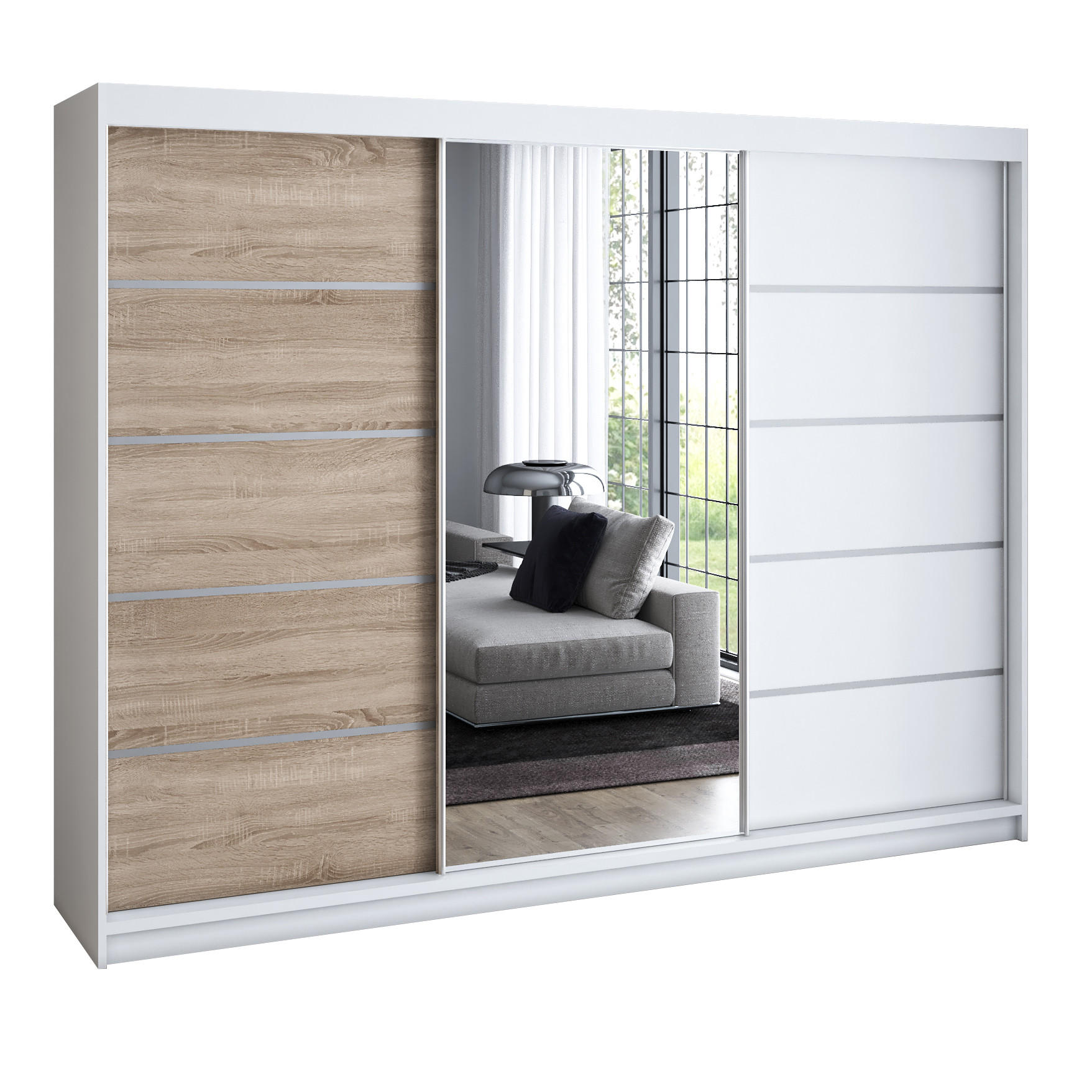 A&J MöbelLand SCHWEBETÜRENSCHRANK Hellbraun, Weiß 200cm × 60cm × 215cm