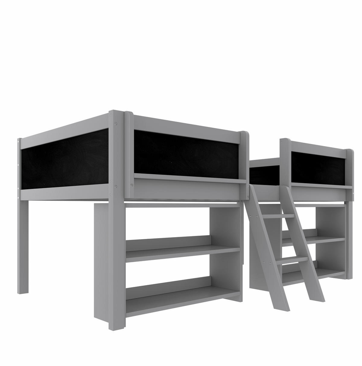 HALBHOHES Bett 90/200 cm grau aus Kiefernholz und MDF mit Stauraum - Grau, Holzwerkstoff (90/200cm) - OKWISH