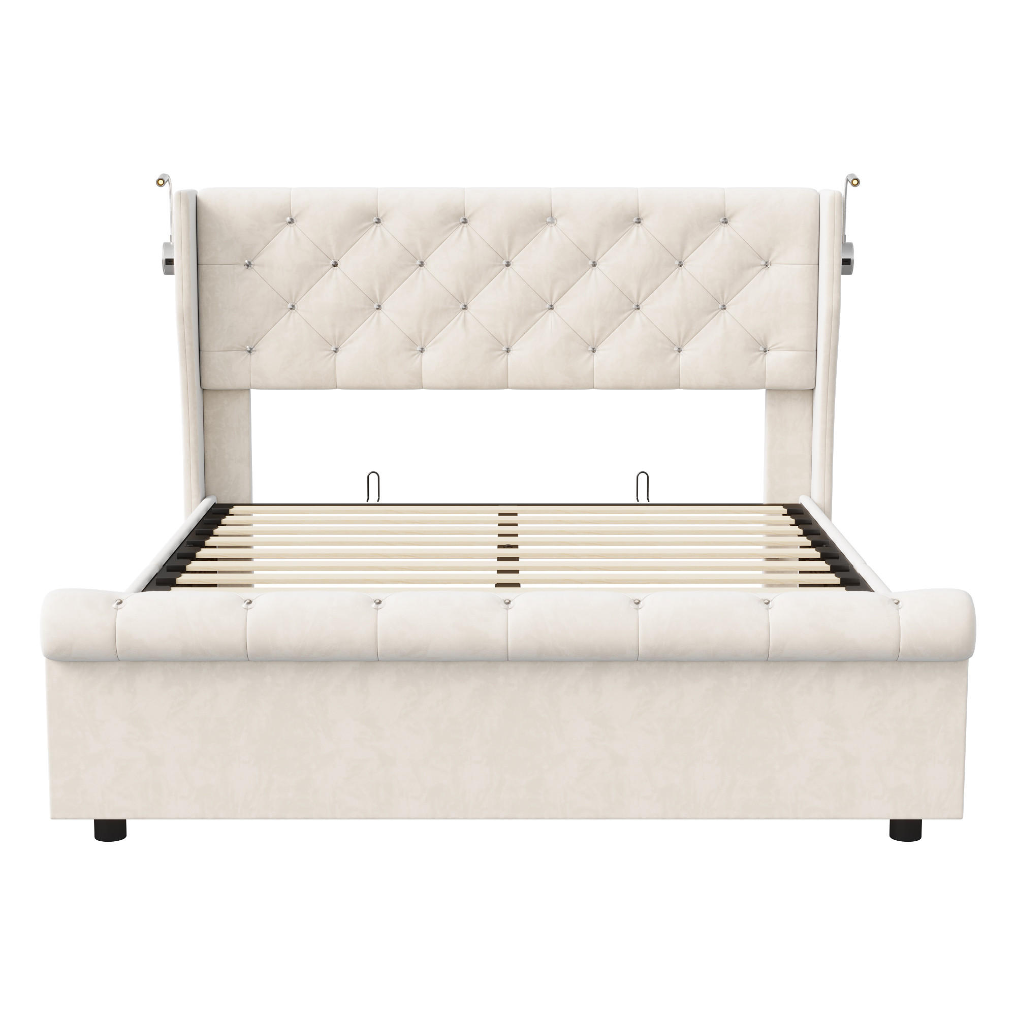 POLSTERBETT 160 x 200 cm, Stauraum Leselampen Lattenrost Samt beige - Beige, Metall (160/200cm)