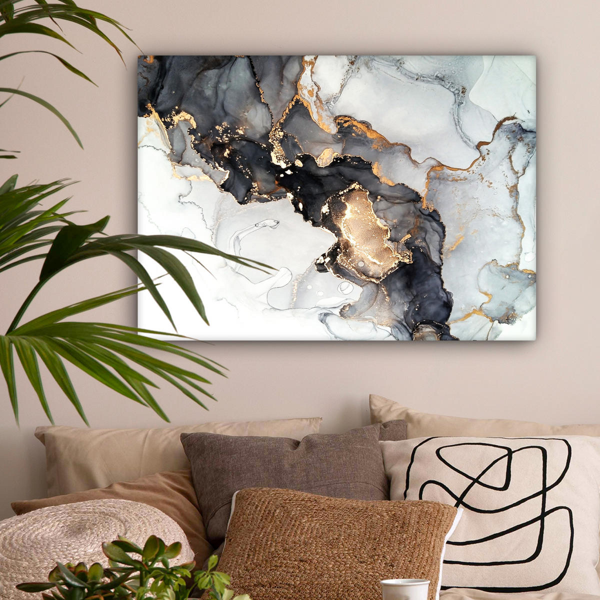 LEINWANDBILD Marmor - Schwarz - Weiß - Gold - Luxus - Abstrakt Wandbilder 80x60 cm - Goldfarben, Textil (80/60cm) - MuchoWow