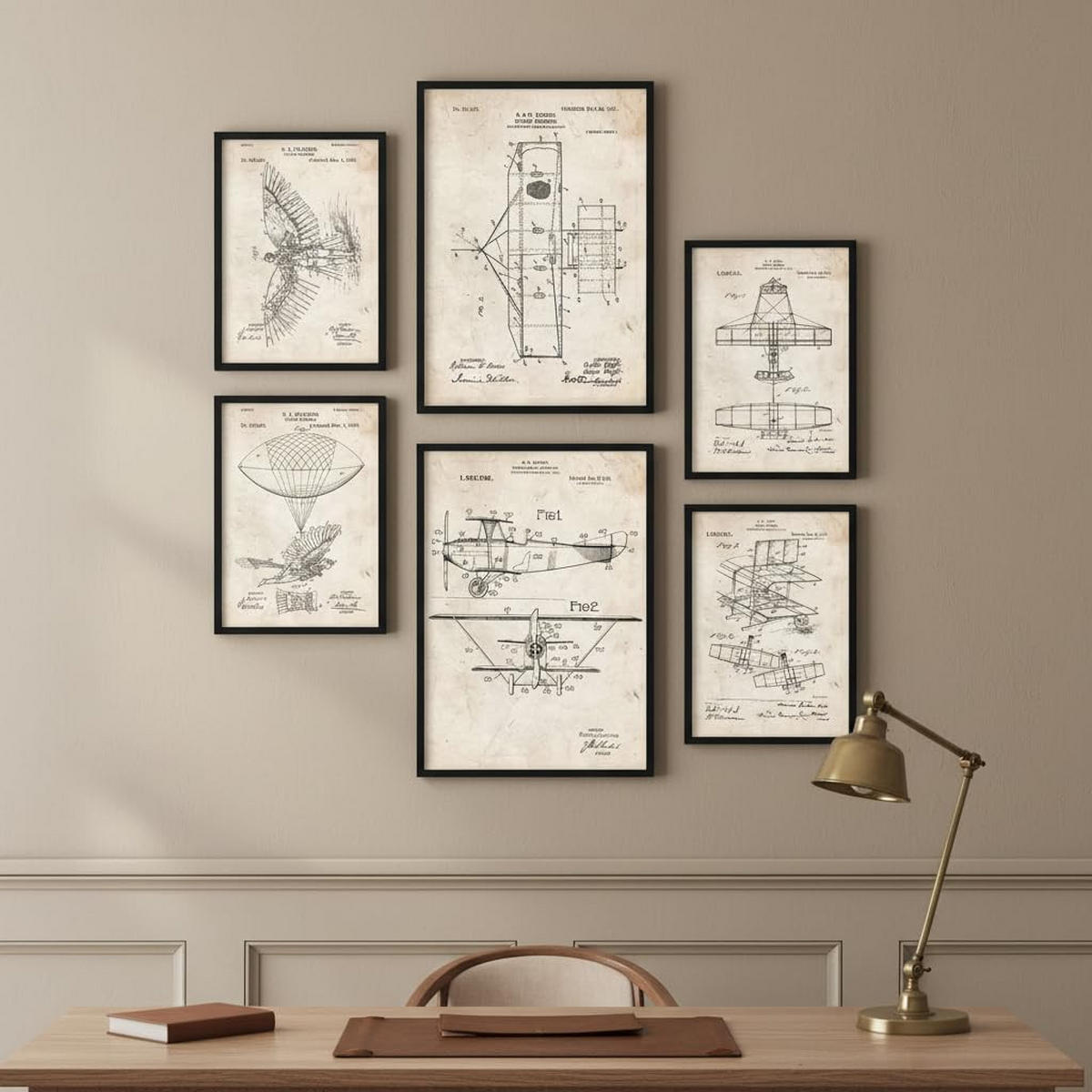 POSTER Set Mit 6 Plakaten Mit Flugzeug Patenten Im Vintage Stil A3 & A4 Schwarzer Rahmen - Schwarz, Papier (29/3cm) - Nacnic