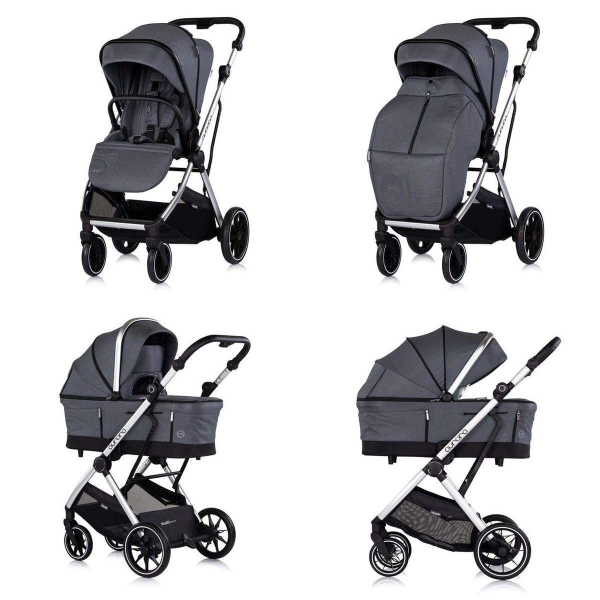 KOMBIKINDERWAGEN Aurora 3 in 1 dunkelgrau Babyschale Babywanne Sportsitz Tasche - Schwarz, Metall (84/57/112cm) - Chipolino