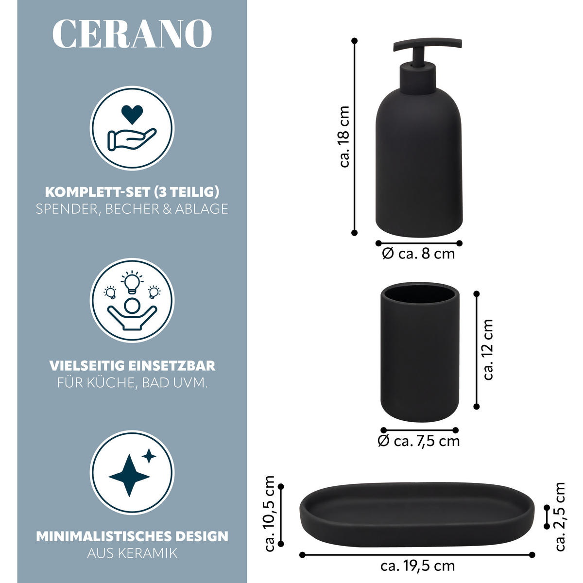 BAD-ACCESSOIRES-SET CERANO, Soft-Touch, schwarz - Schwarz, Keramik (8/18/8cm) - eluno