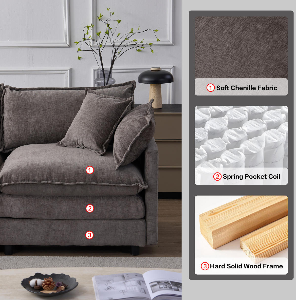 ECKSOFA 267/154/85 cm Grau aus Chenille mit modularer Ottomane - Grau, Textil (154/267cm) - OKWISH